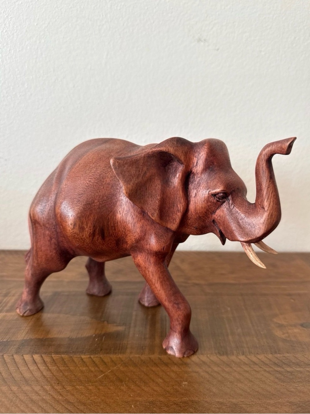 Hand-Carved Brown Wooden Elephant Sculpture - Decorative Home Art